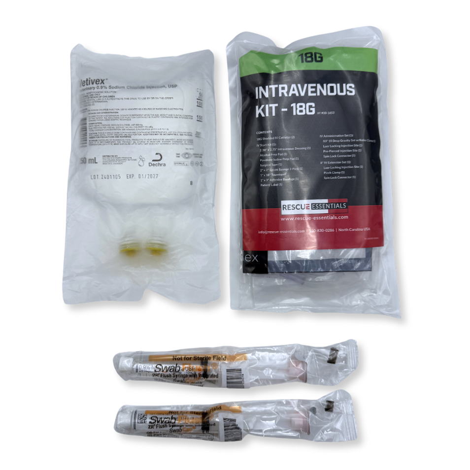Emergency medical IV start kit with various components displayed, including IV catheters, syringes, IV administration and extension sets, along with antiseptic prep pads and tape, all packaged in sterile plastic bags.