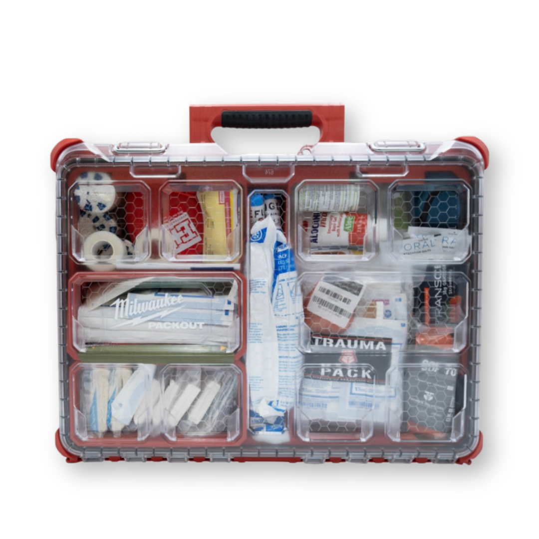Refuge Medical Tool Box Kit Refill - components in red compartment box, closed (box not included)