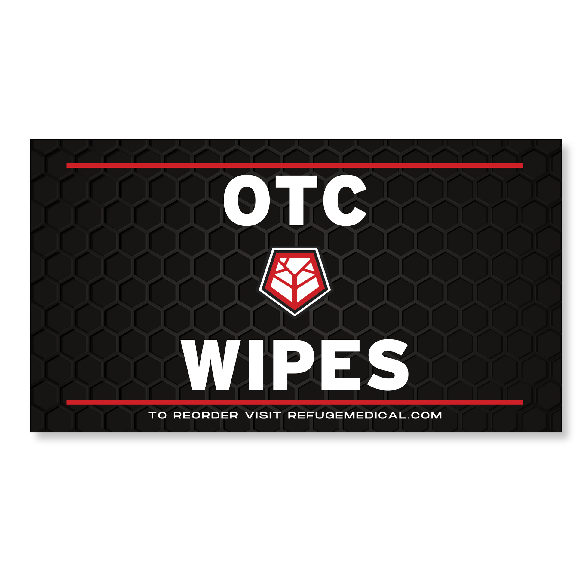 Refuge Medical OTC Wipes label - black with white text and red accents