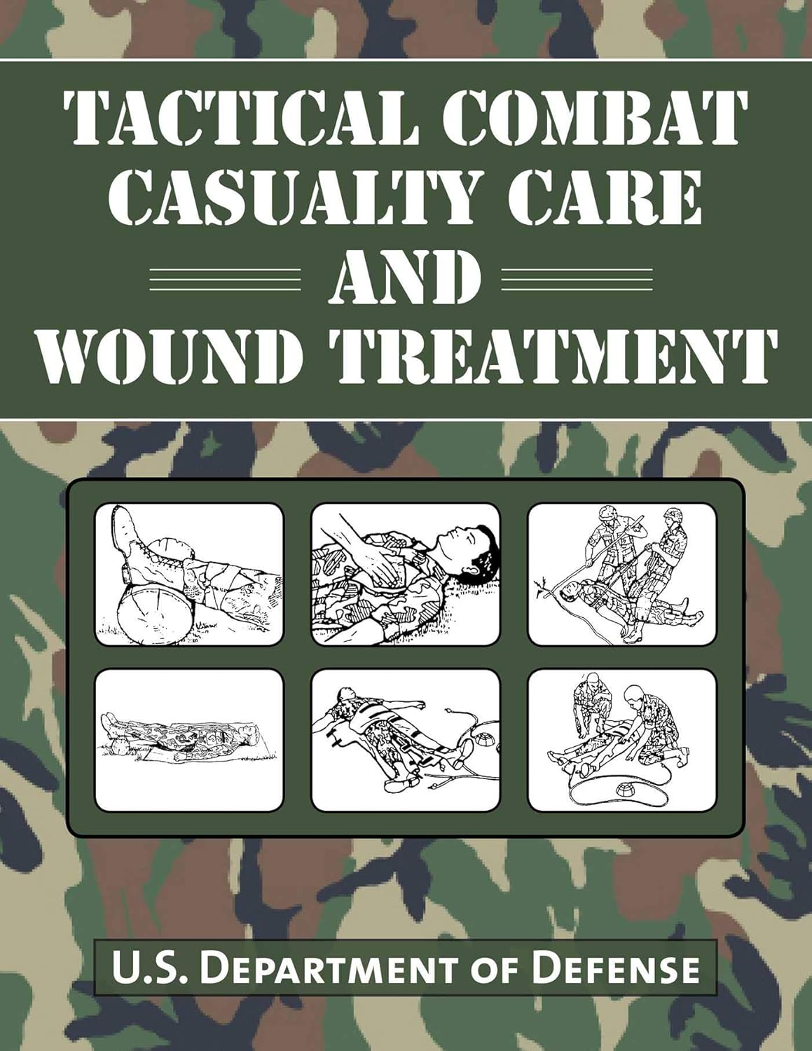 Cover of the 'Tactical Combat Casualty Care and Wound Treatment' guide featuring a camouflage pattern with illustrations of medical equipment and symbols related to tactical medicine.