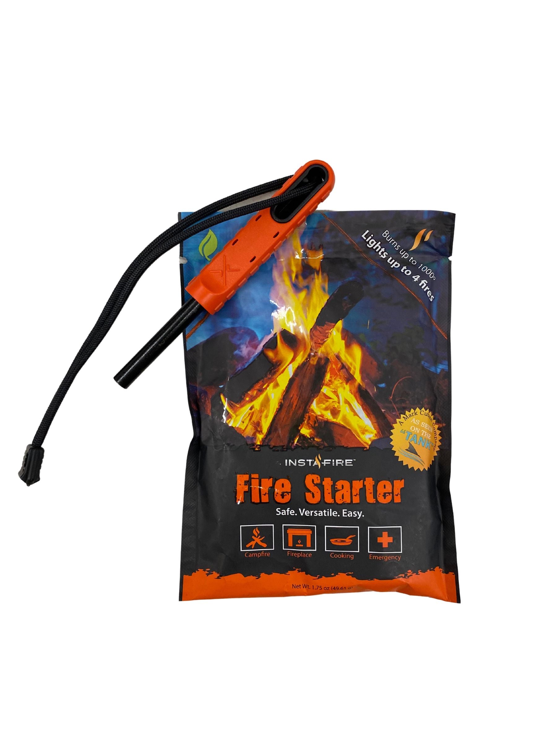 A packaged fire starter with a red and black handle, featuring an image of a fire on the packaging and the text 'Fire Starter'.