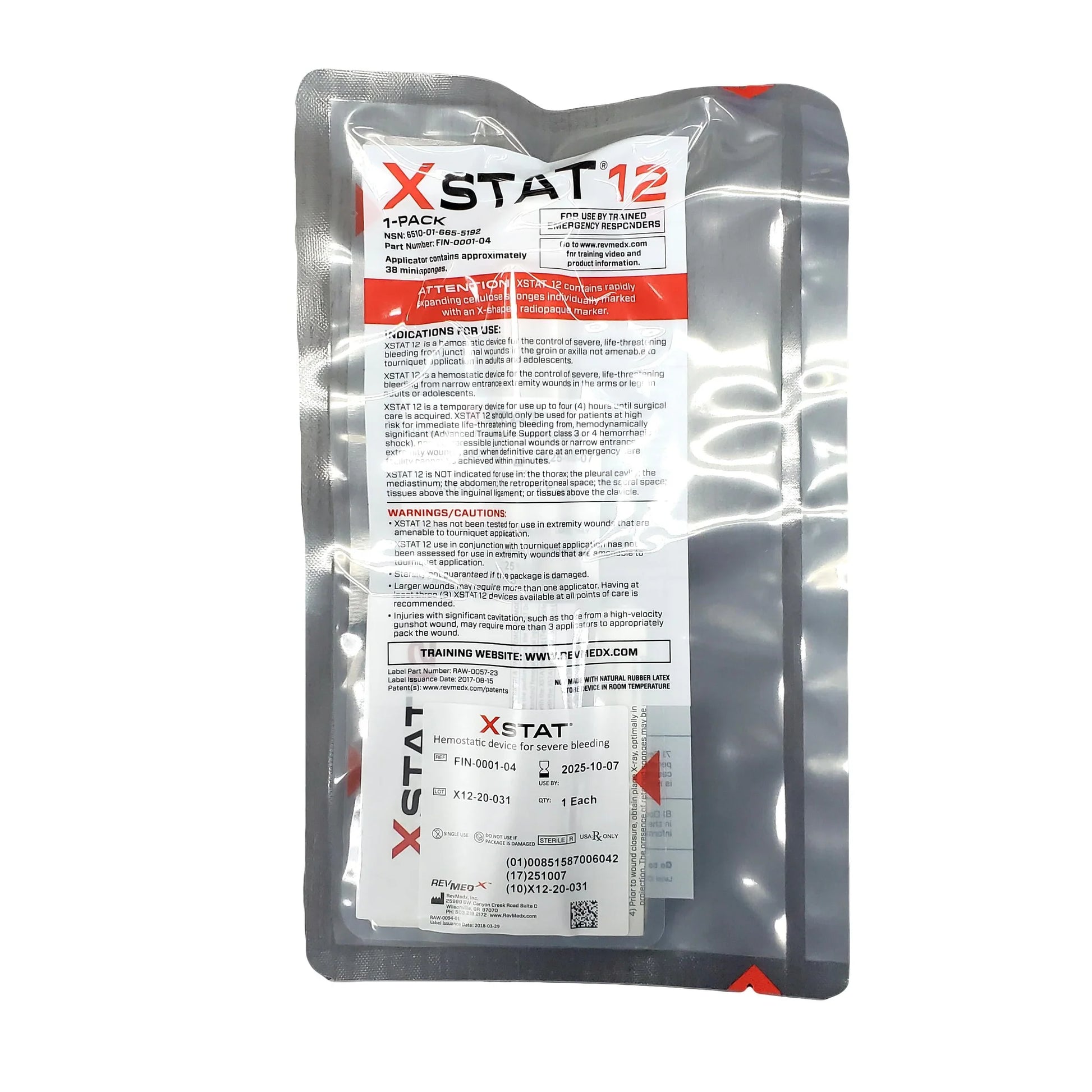Packaged XSTAT12 hemostatic device in sterile packaging.