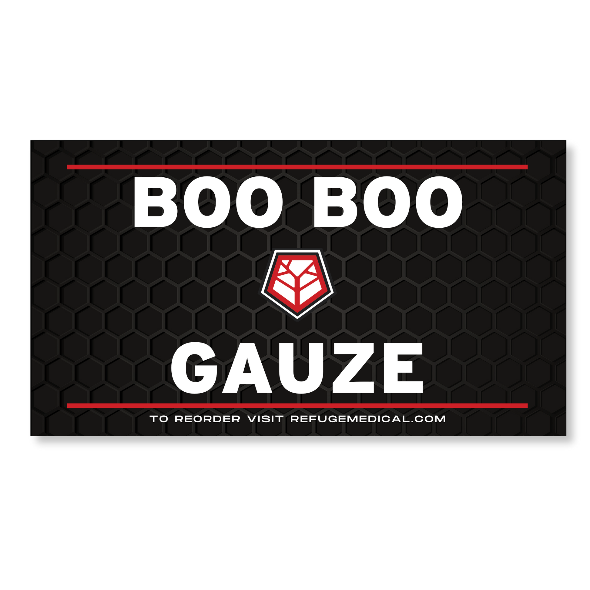 Boo Boo Gauze packaging with a red hexagonal logo on a black background
