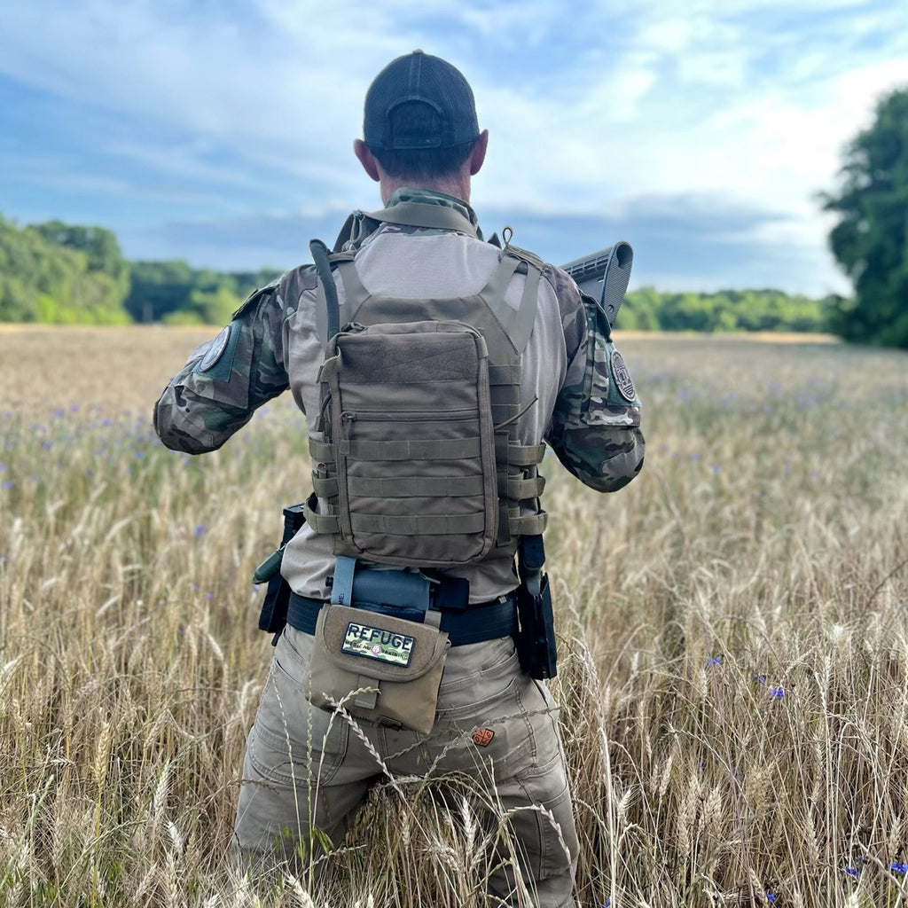 Refuge Medical SOBFAK First Aid Kit - Coyote Tan mounted on to a battle belt