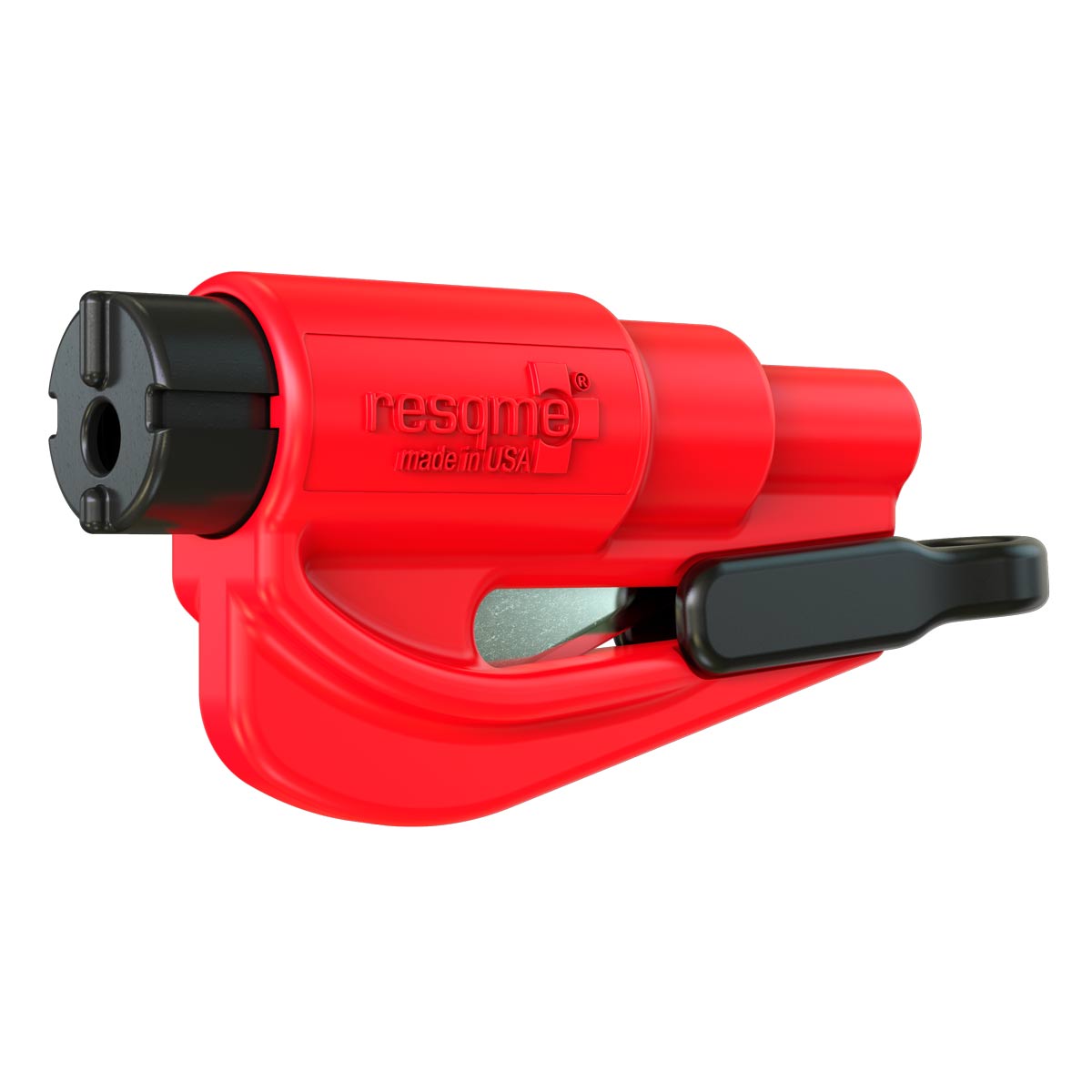 A red resqme keychain car escape tool with seatbelt cutter and window breaker features.