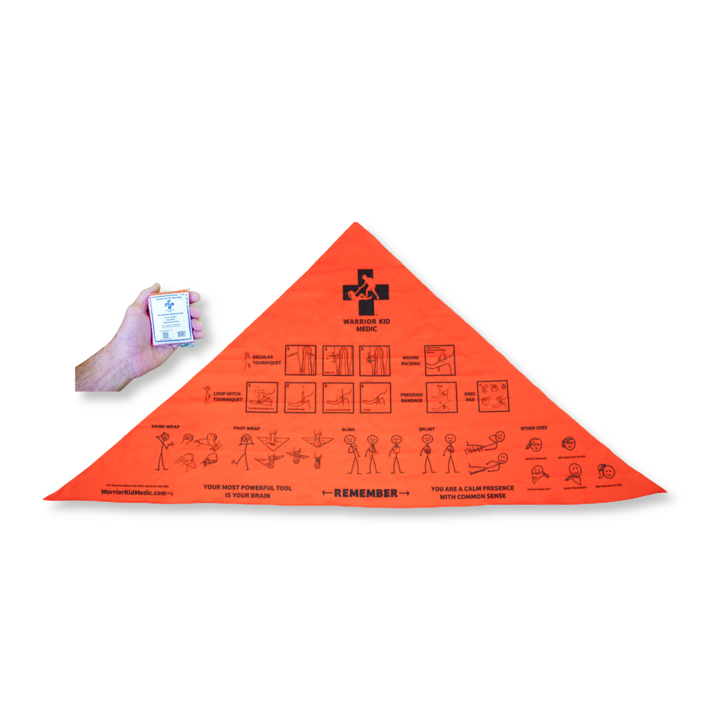 Orange safety triangle with diagrams and text, held by a hand against a white background