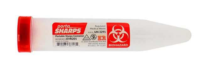 A single-use Sharps container with a red cap and white body, labeled for biohazardous waste.
