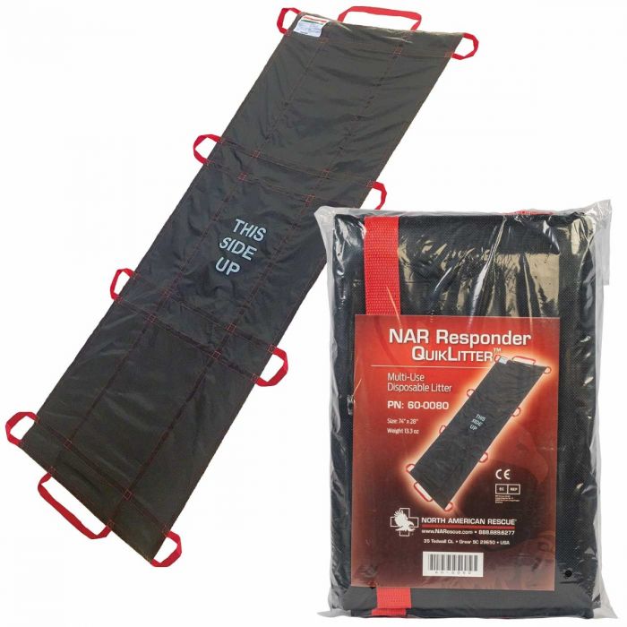 A Responder QuikLitter emergency carry litter with red nylon webbing and handles, displayed next to its packaging.