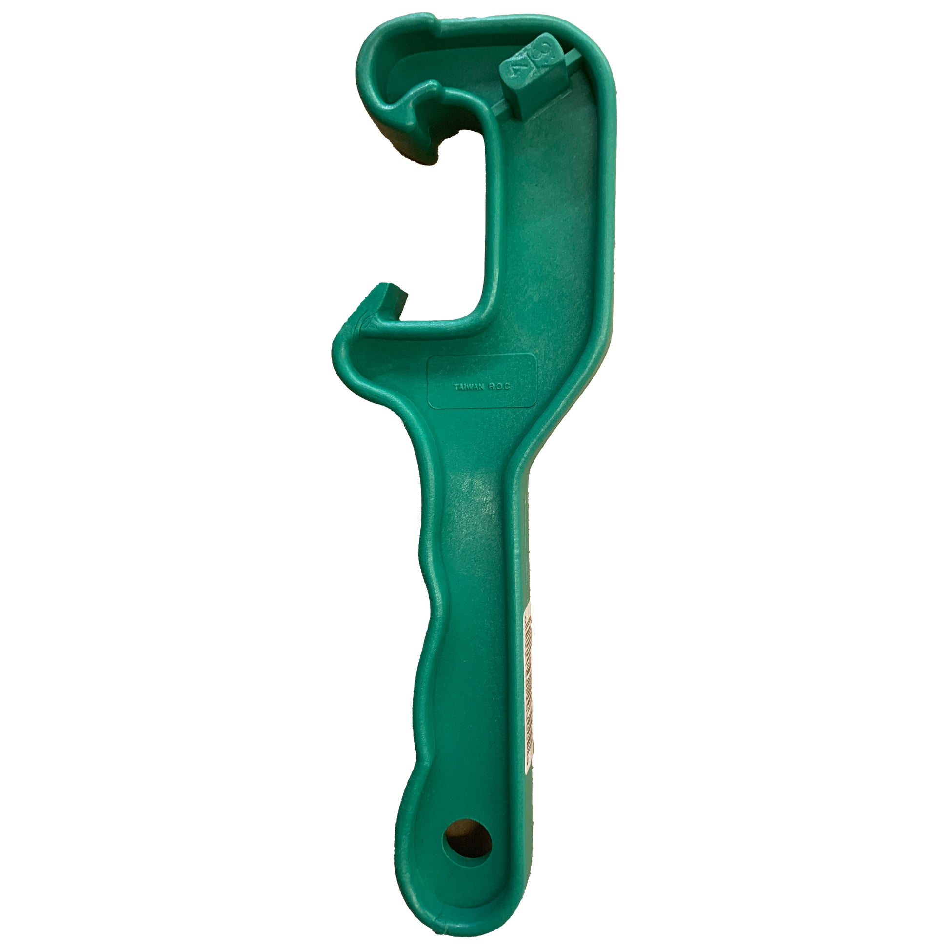 A green plastic bucket opener with a hook-shaped end and a handle.