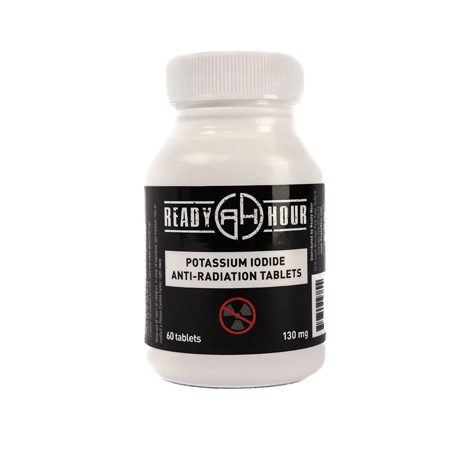 A bottle of Potassium Iodide anti-radiation tablets from Ready Hour with 60 tablets, marked with '130 mg' and the product's usage information.