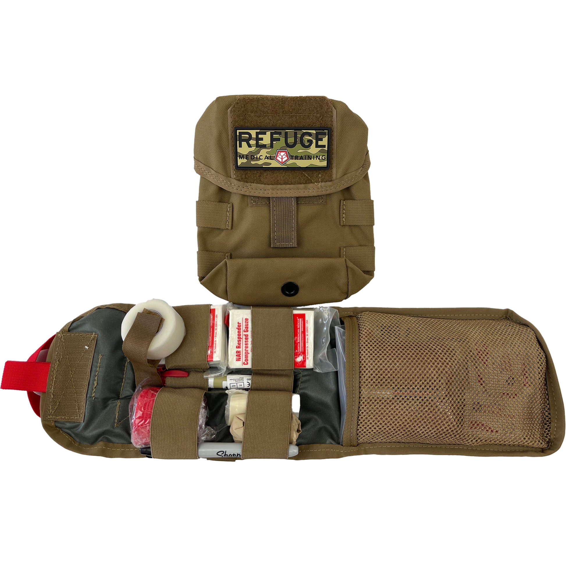 Refuge Medical Rottie K9 first aid kit - Coyote Tan inner pouch laid out