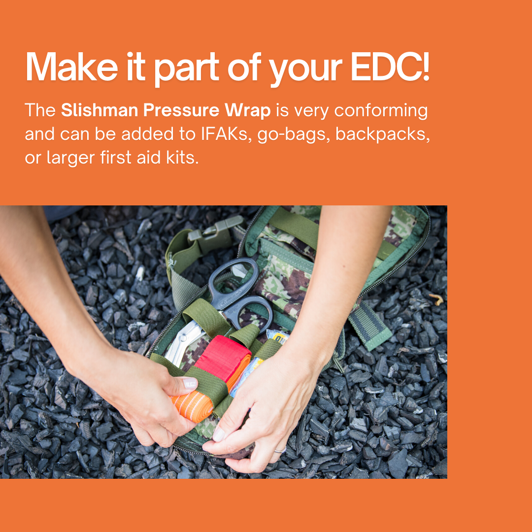Slishman Pressure wrap - "Make it part of your edc" with a person putting it in a first aid kit