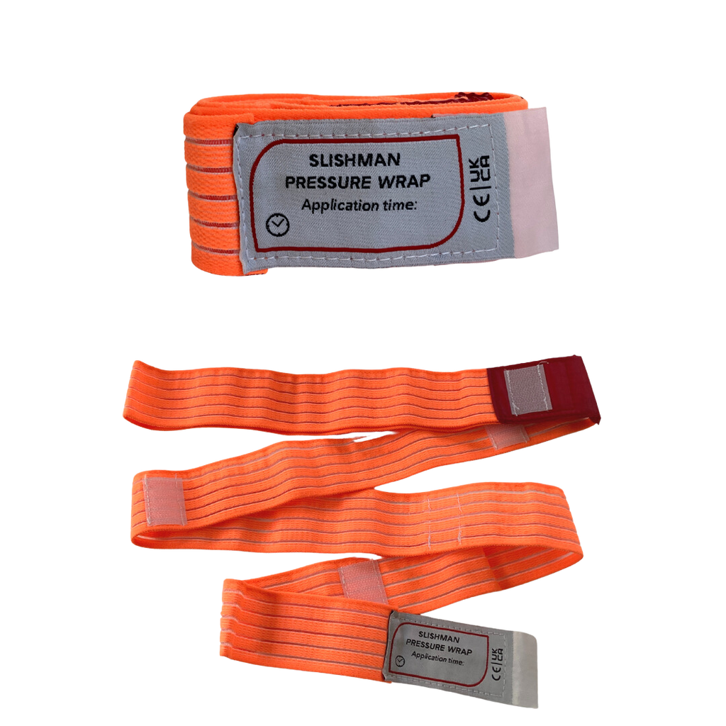 An orange Slishman Pressure Wrap with packaging, designed for bleeding, sprains, and contusion treatment.