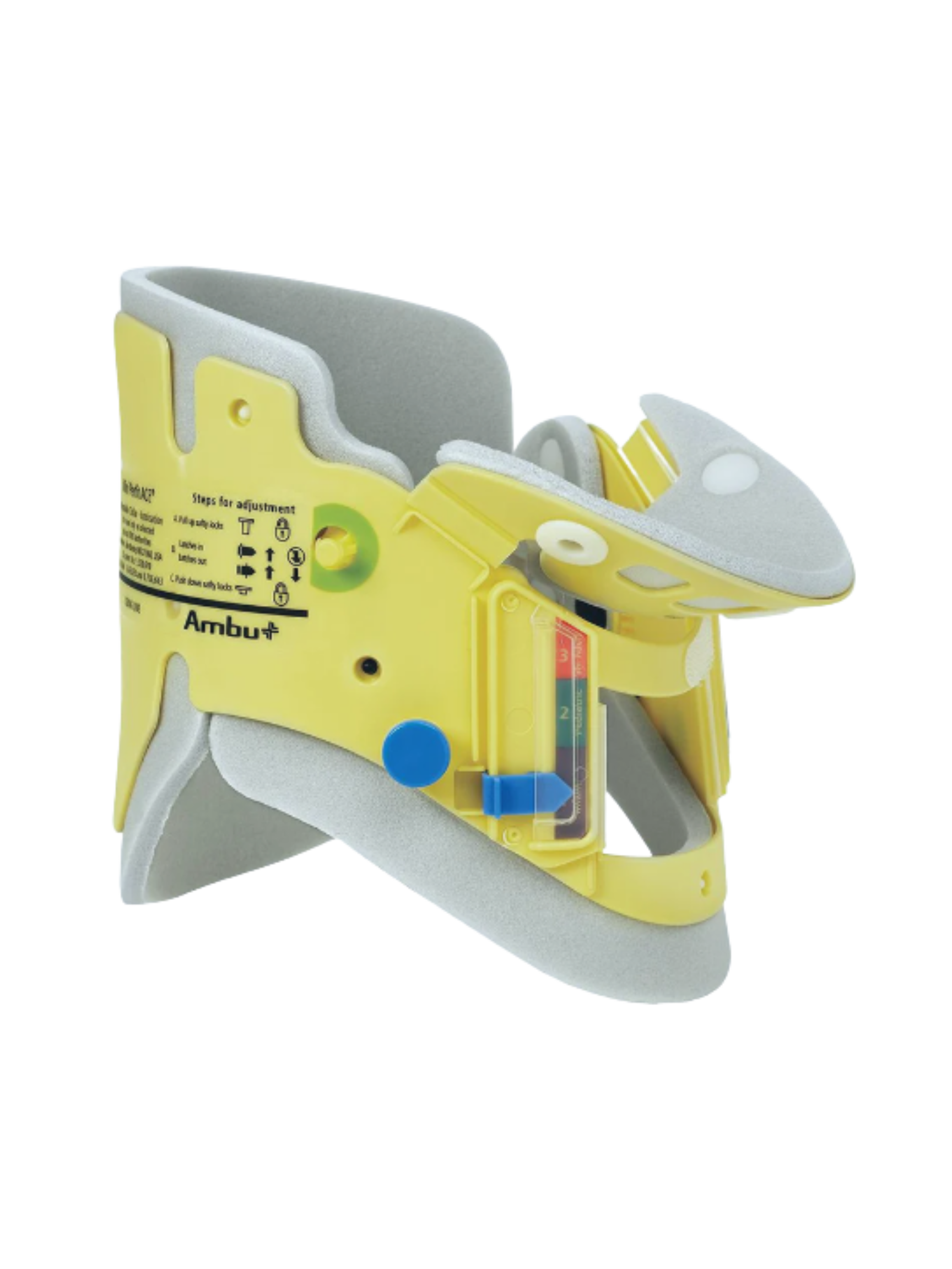 An Ambu Mini Perfit Ace Adjustable Collar, typically used in medical settings for immobilizing the neck, displayed with yellow and grey colors, showing its adjustable settings and safety buttons.
