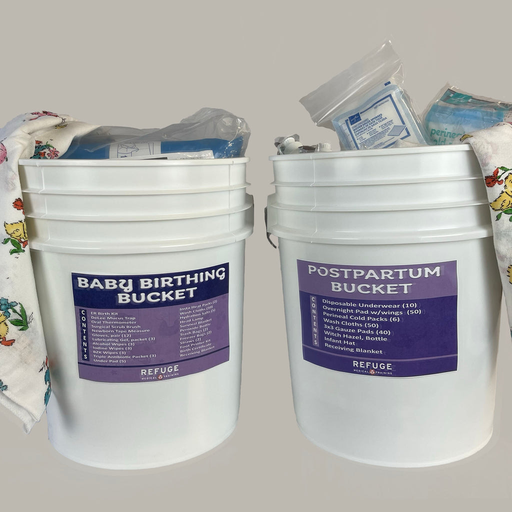 Refuge Medical Birth and Postpartum Bucket First Aid - front view, opened, Birth Bucket (left), Postpartum Bucket (right)