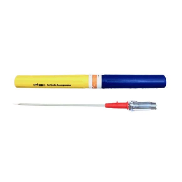 A chest decompression needle with a blue handle, yellow body, and silver needle, alongside a product label.